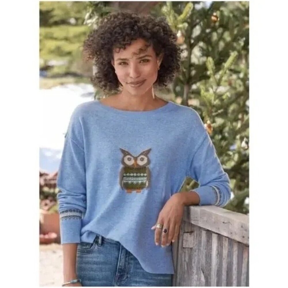 Sundance Catalog Wise Owl Sweater Wool Blend Blue